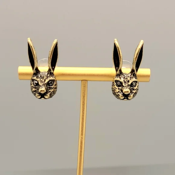 Vintage Estate Bunny Rabbit Crystal Stud Gold Earrings - Picture 9 of 16